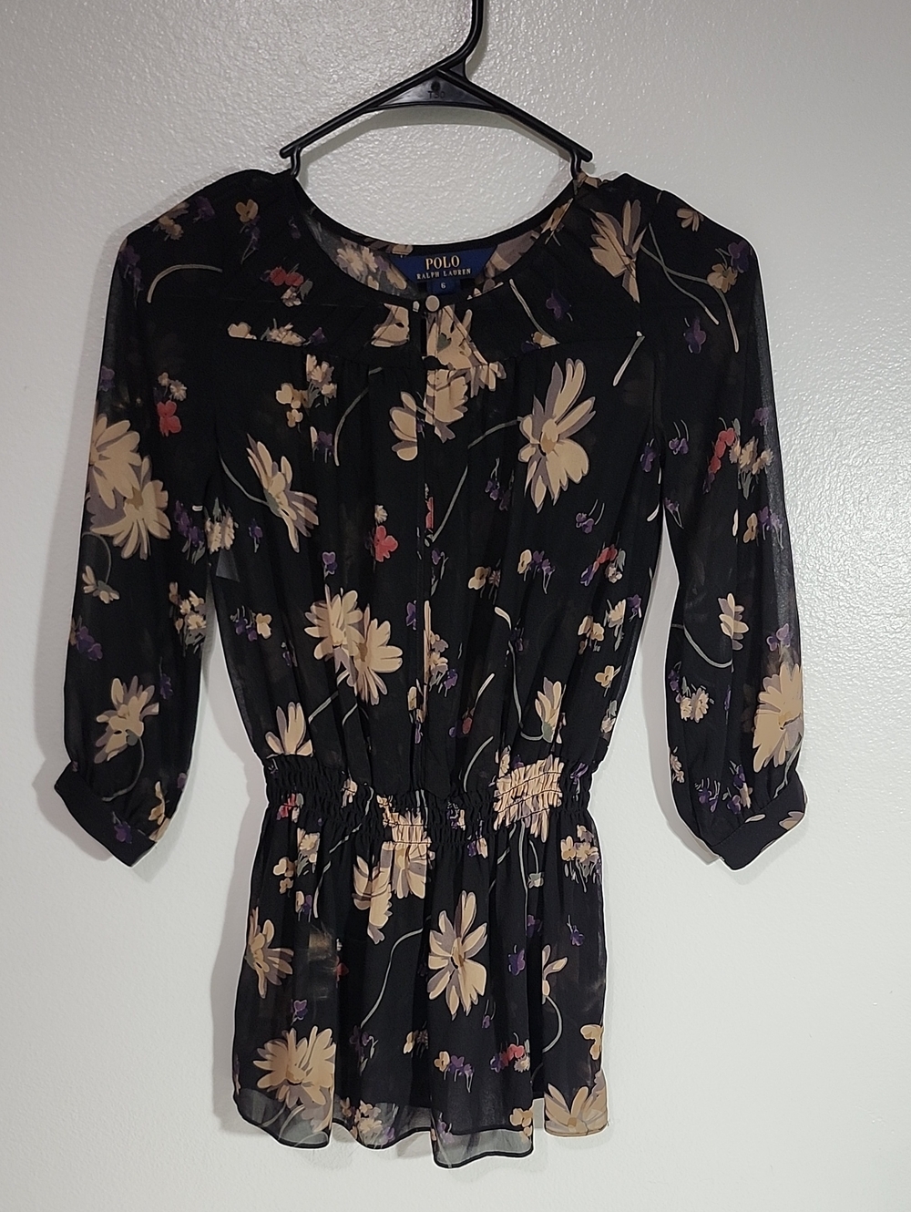 Polo by Ralph Lauren Black Floral Two Button-Neck Peplum Sheer Fabric Blouse